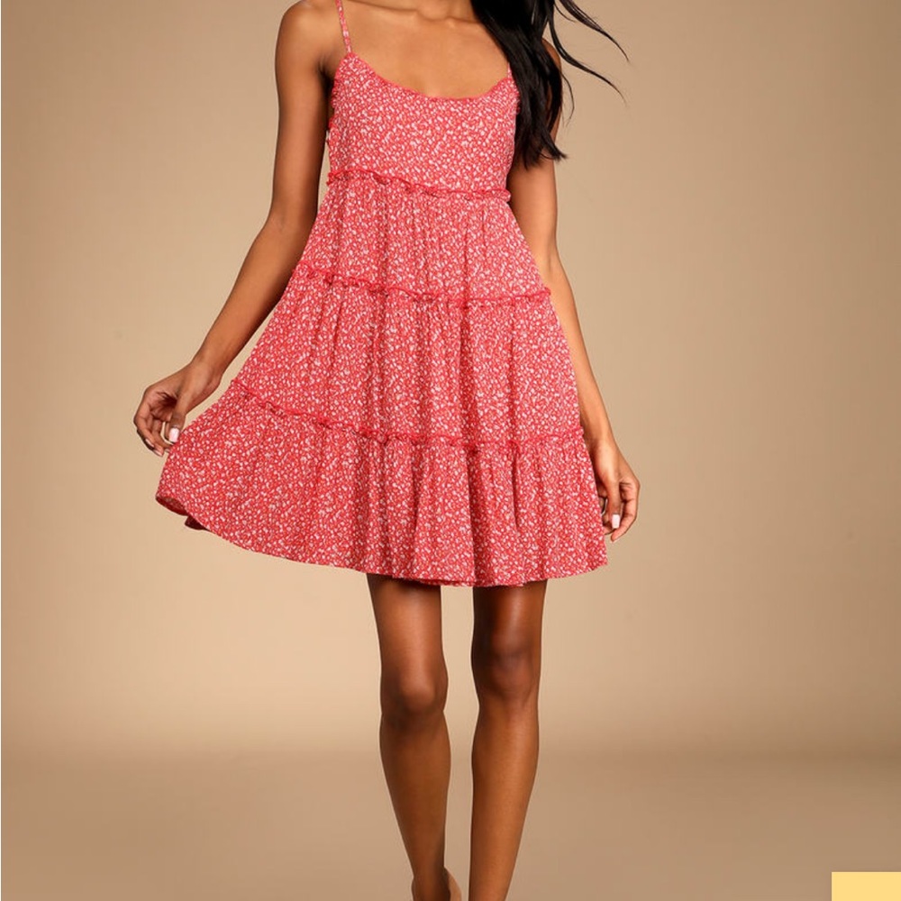 LULUS Sitting in the Sun Red Floral Ruffled Babydoll Dress